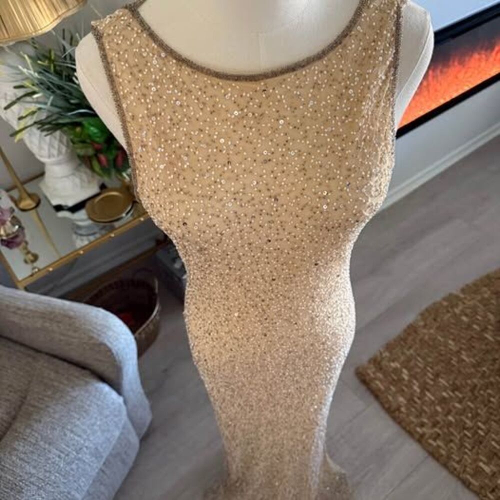 Prom Dress Elegant Gold Beaded Evening Gown Sleeveless Formal Maxi Vintage Sz 12 - Picture 7 of 12